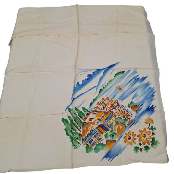 Vintage Painted Scarf Glitter Cabin Mill River Flowers Mountain Decor Old Granny - Picture 2 of 7